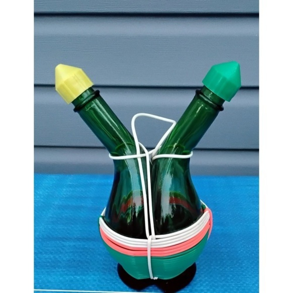 Italian Cruet Oil and Viniger, Green Glass, Yellow and Green Twist Cap